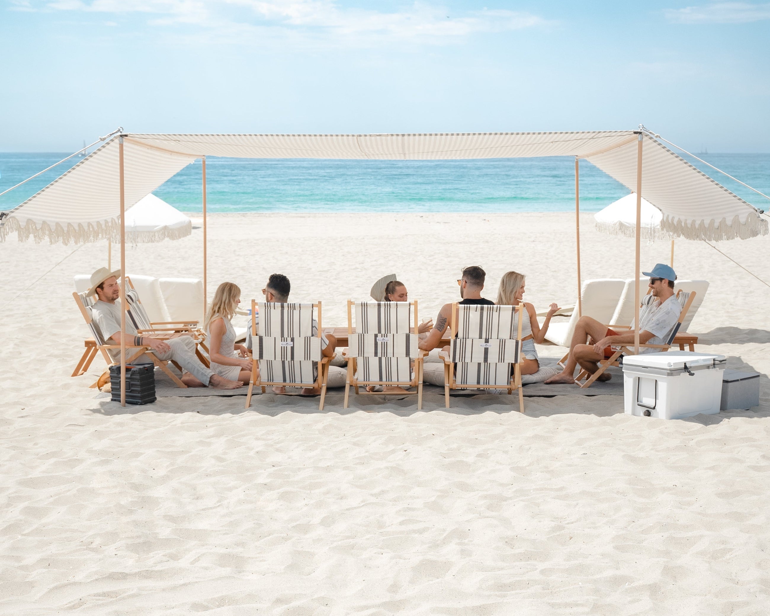 Luxury beach cabana setup by The Beach Oasis on a Los Angeles beach