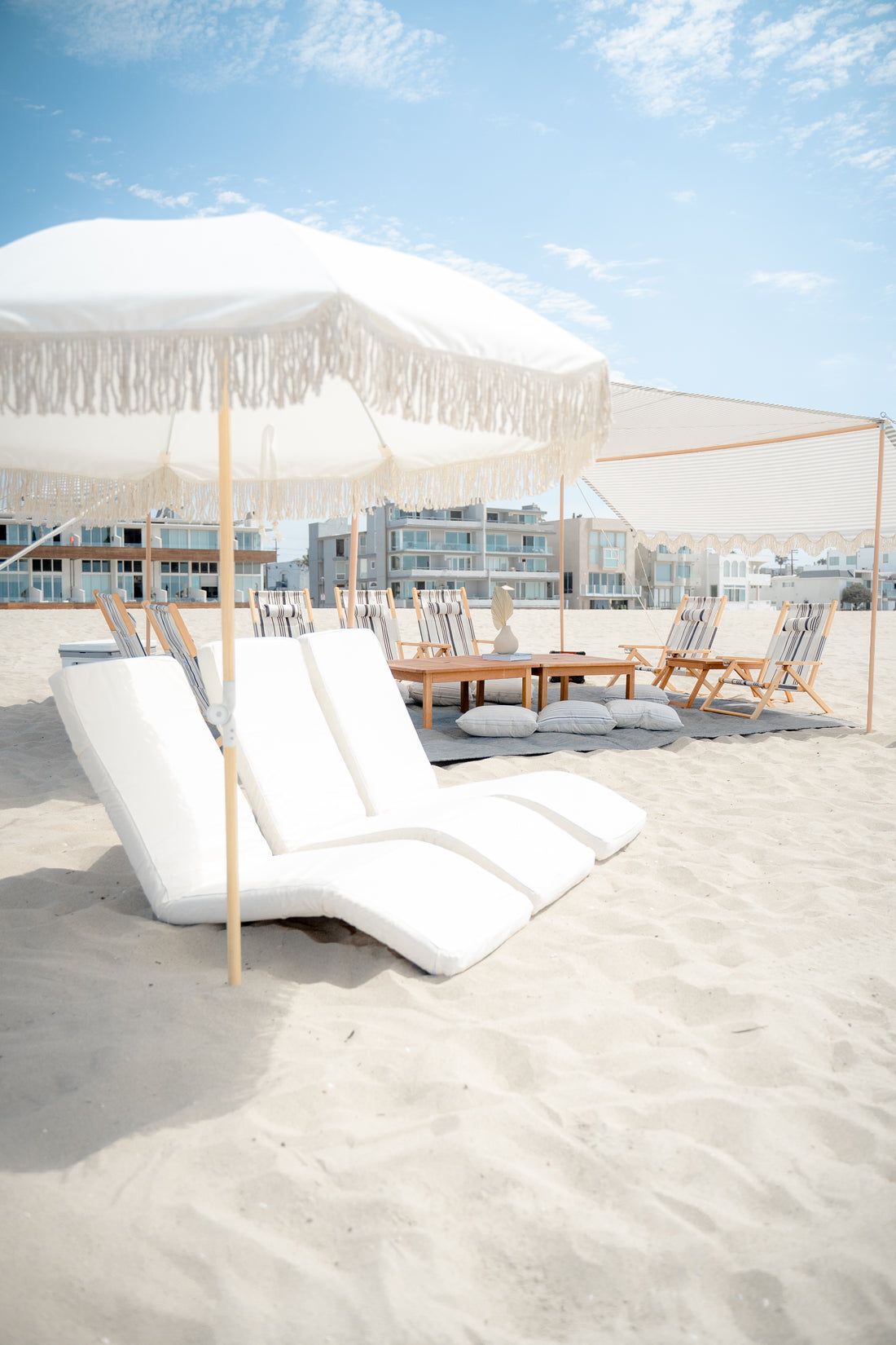 Luxury beach cabana setup by The Beach Oasis on a Los Angeles beach